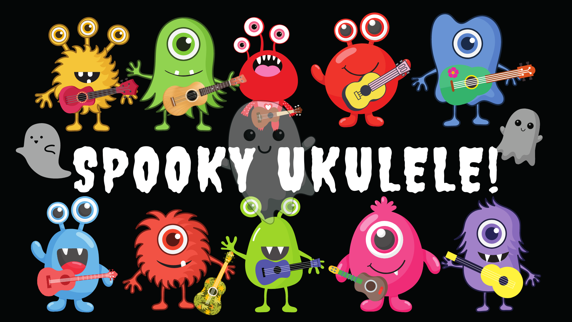 spooky ukulele course with lots of ghosts with ukuleles