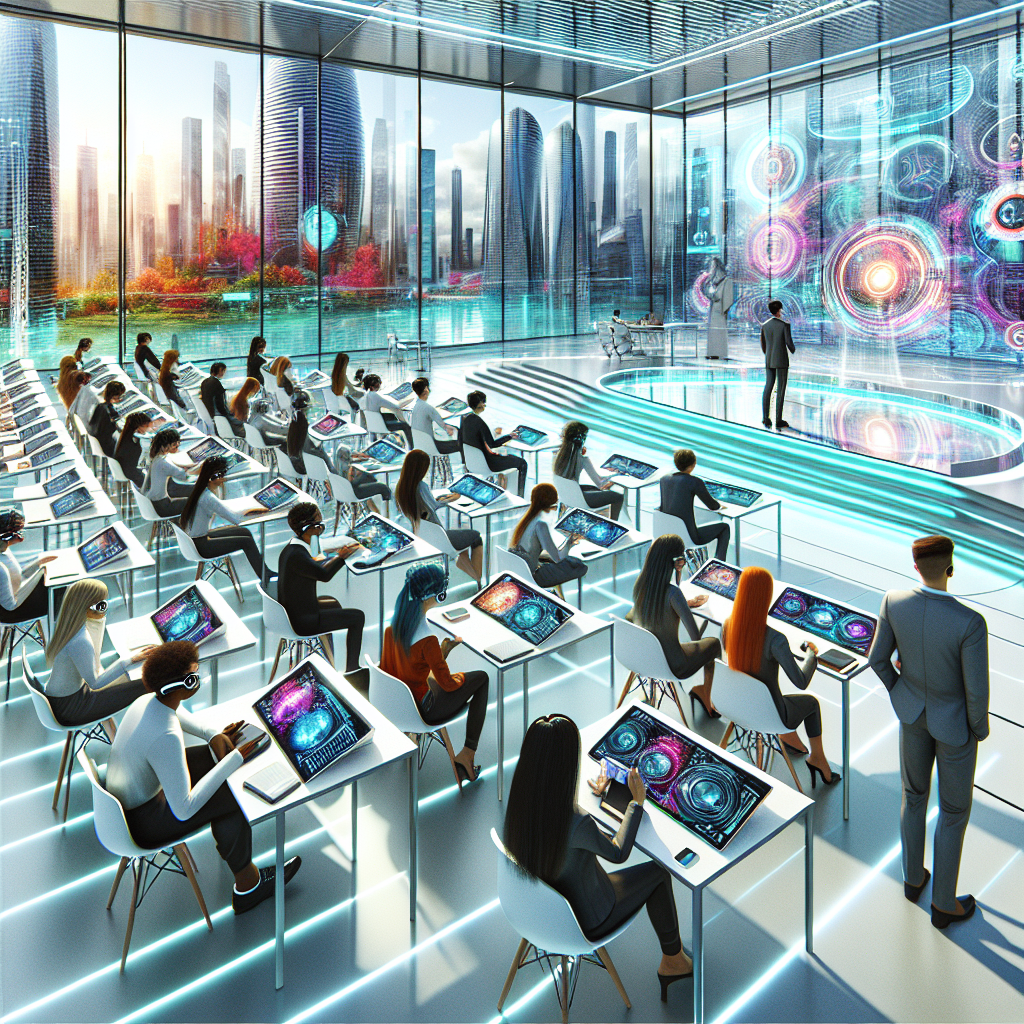 Futuristic classroom with students engaged in AI-driven learning.
