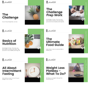 display of all content included in training. The Challenge & The Challenge Prep Work, Basics of Nutrition, The Ultimate Food Guide, All About Intermittent Fasting & How to overcome a weight-loss plateau