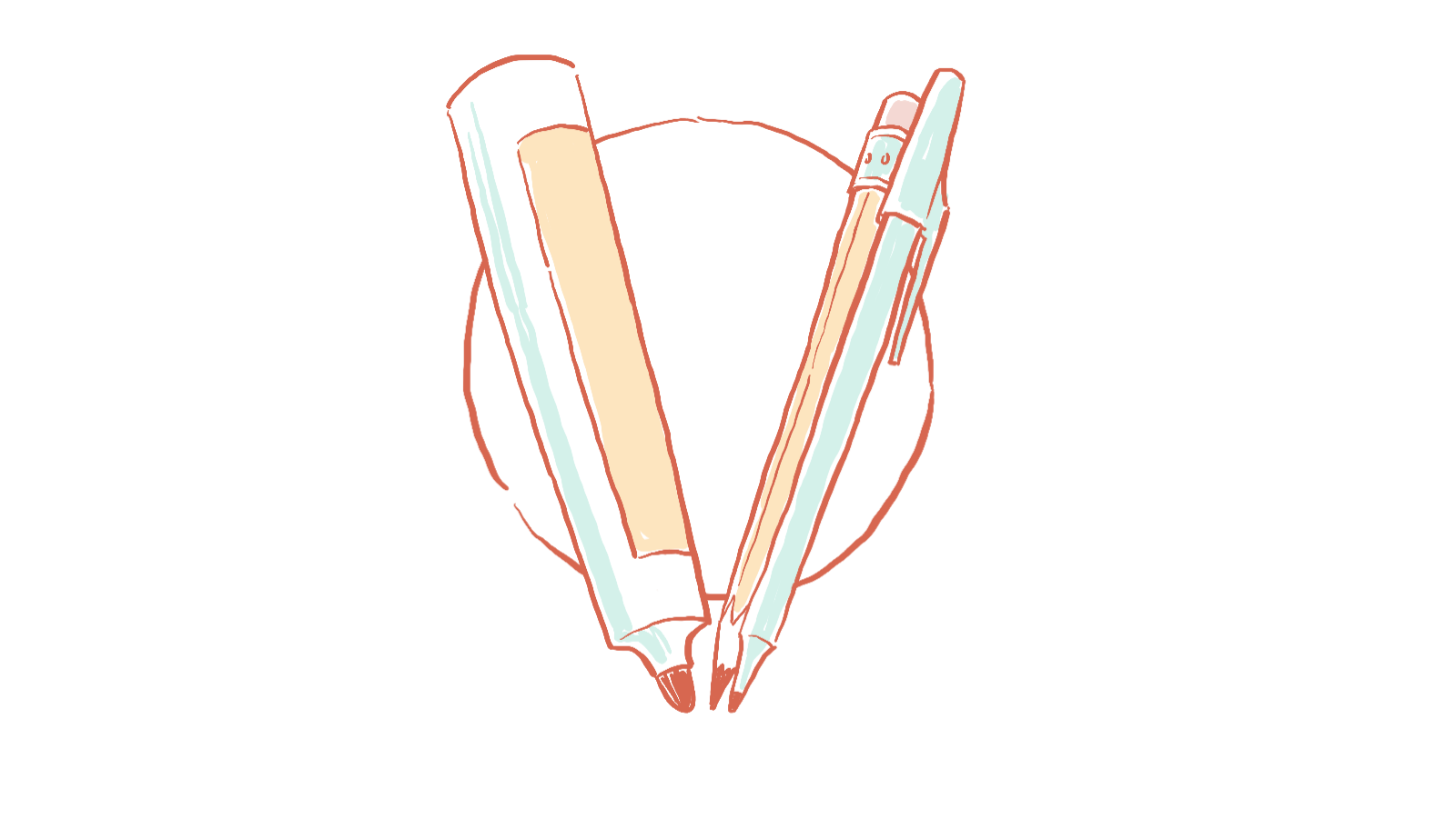 A marker, pen and pencil in the shape of the letter V