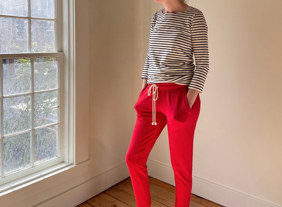 Woman wearing sweatpants and a t-shirt