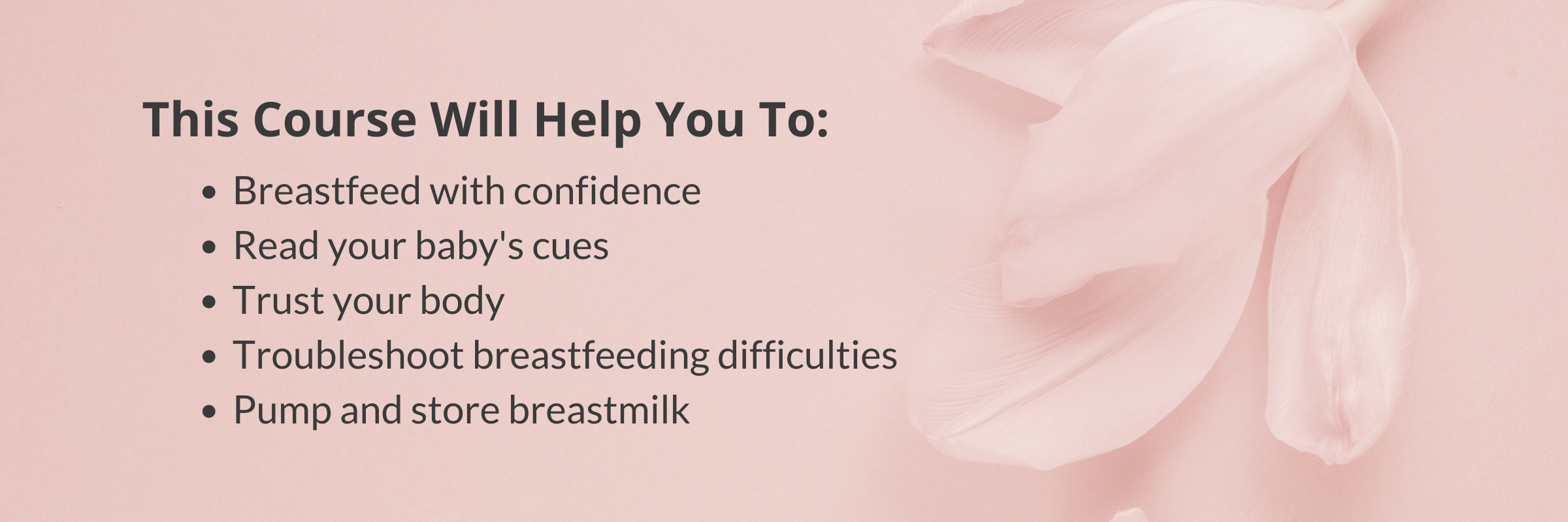 This Course Will Help You To:   Breastfeed with confidence Read your baby&#39;s cues Trust your body Troubleshoot breastfeeding difficulties Pump and store breastmilk