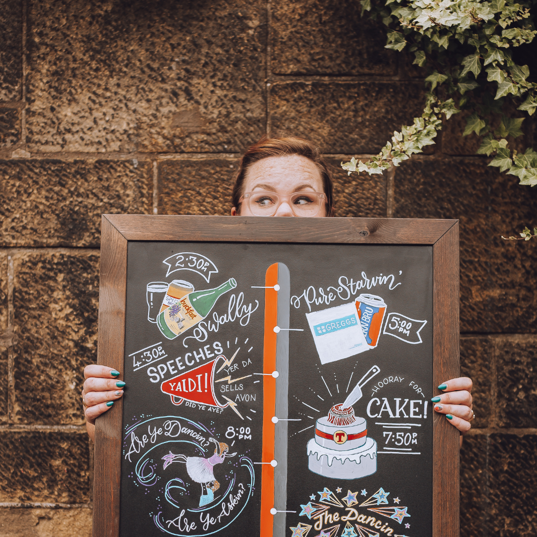 Jen holding a personalised order of the day sign