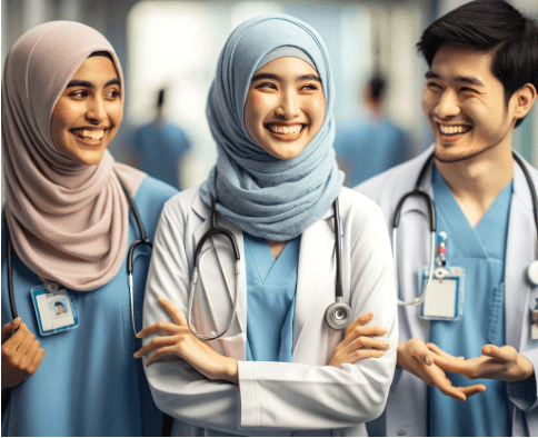 Two smiling female medical professionals wearing hijabs and one male medical professional in scrubs are engaged in a cheerful interaction, suggesting a collaborative and inclusive healthcare environment. They all wear ID badges and stethoscopes, indicating their roles as healthcare providers.