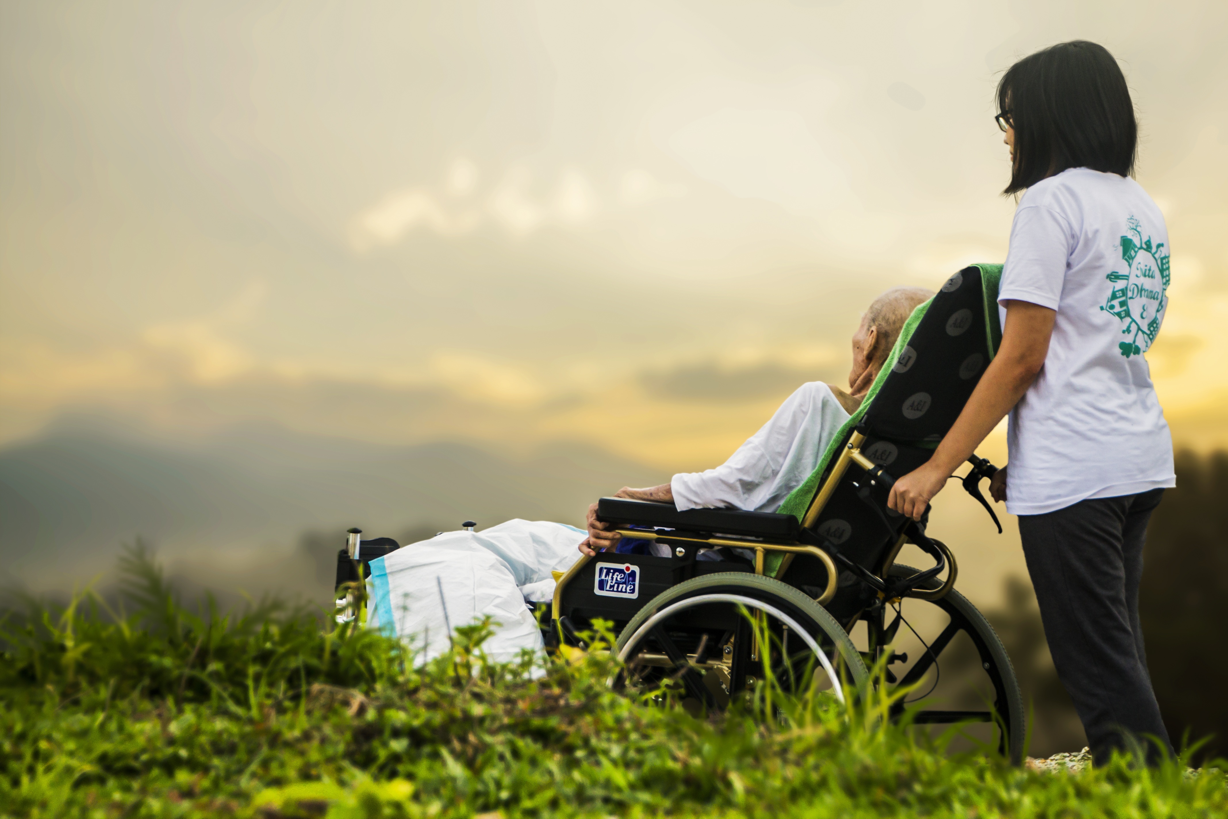 care giver taking patient out in nature in a wheelchair