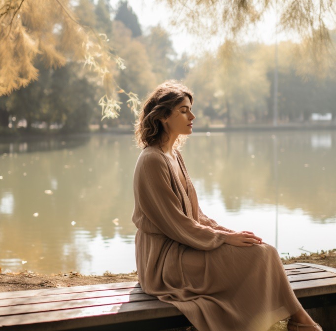 A woman sits peacefully by a calm lake. Dressed in a flowing, beige robe, she embodies relaxation and mindfulness as she closes her eyes in meditation. The warm sunlight filters through the surrounding greenery, enhancing the soft, autumnal tones and creating a harmonious atmosphere that invites contemplation and inner peace.