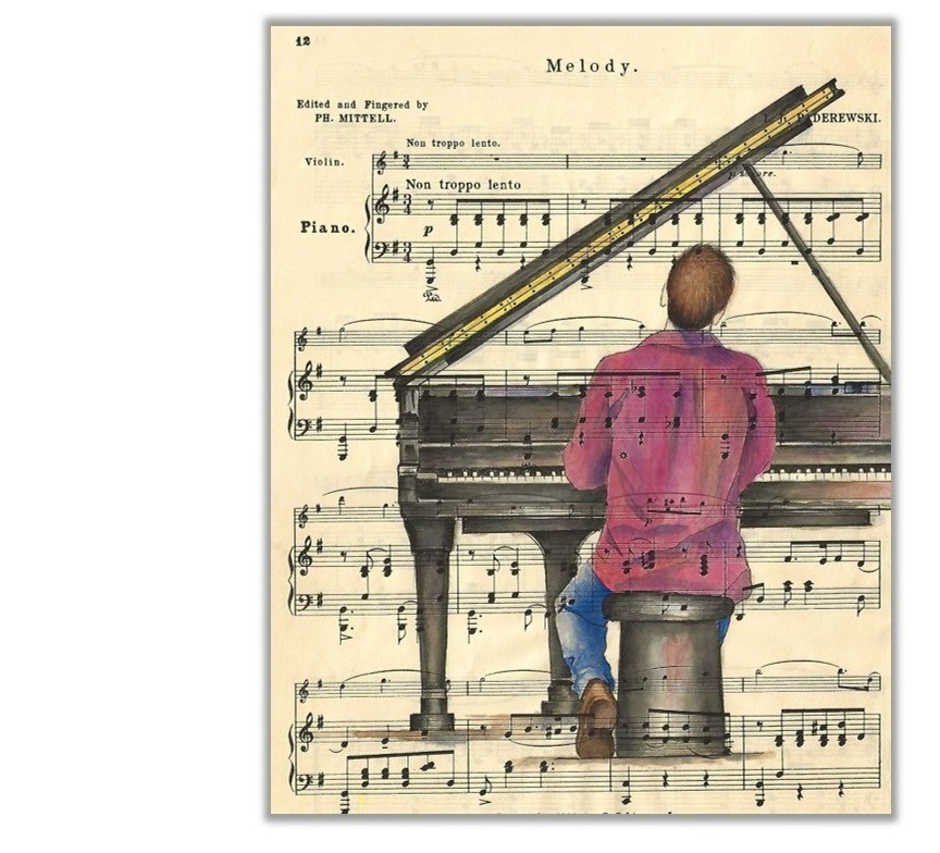 watercolor piano man by rebecca rhodes
