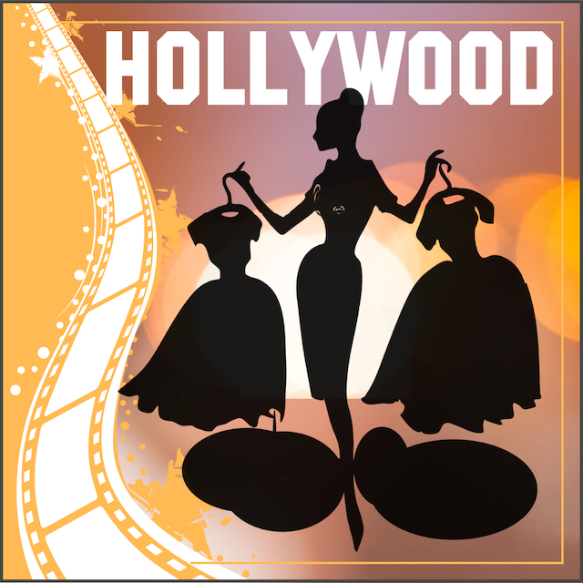 image of stylist holding two dresses in front of Hollywood sign
