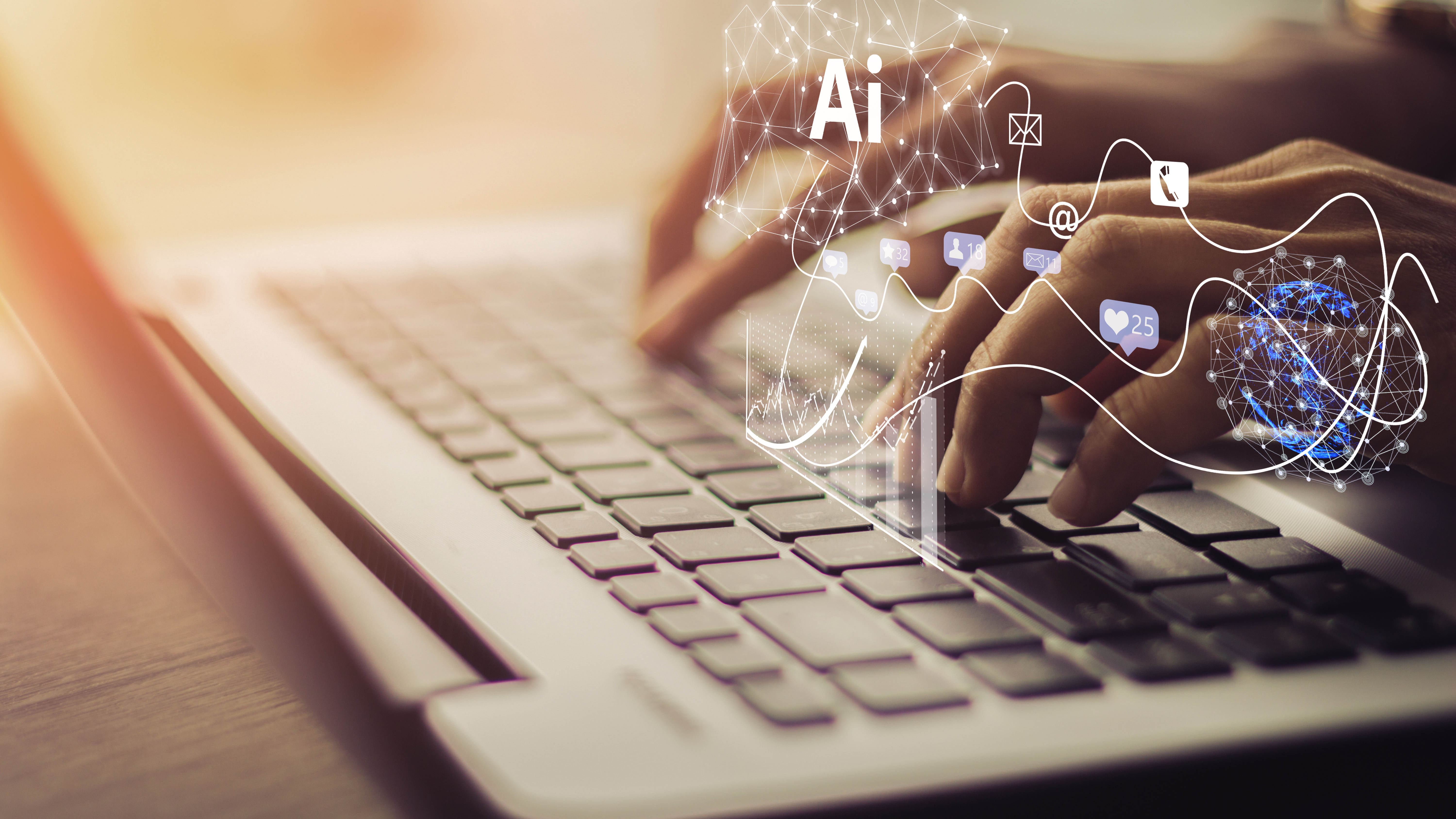 hands typing on keyboard with AI symbols around the hands