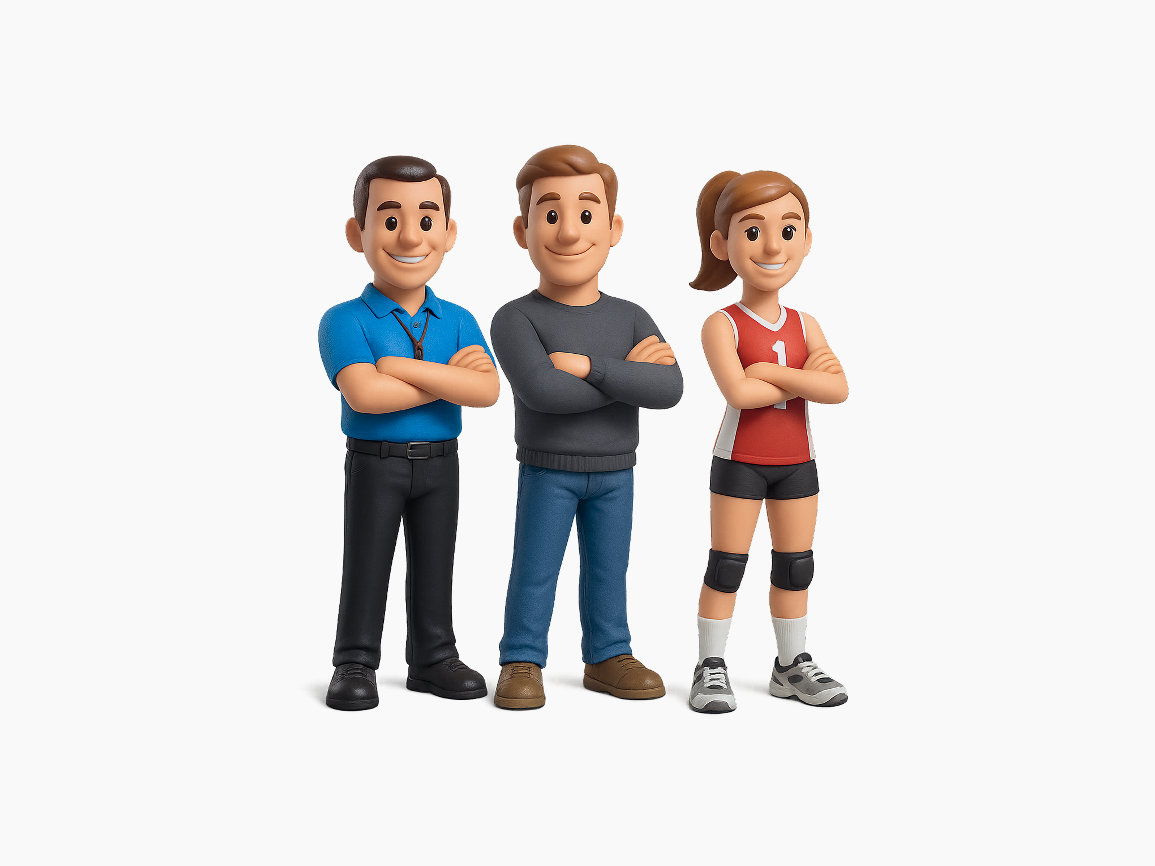 3d figures of a referee, parent, and athlete standing next to each other