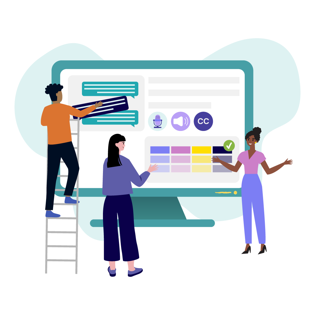 Illustrated people building a website with accessible features.