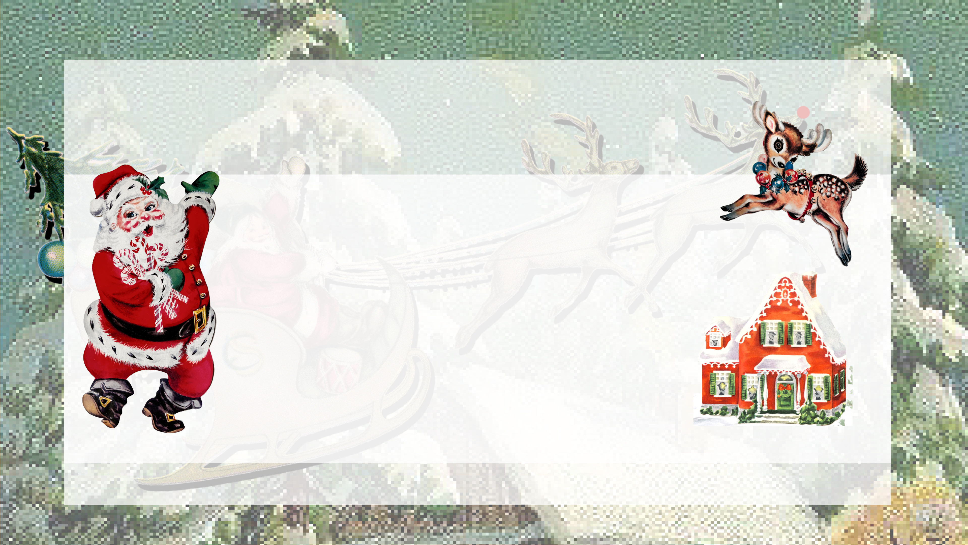 merry and bright bundle header with flying reindeer, santa and a red cottage house