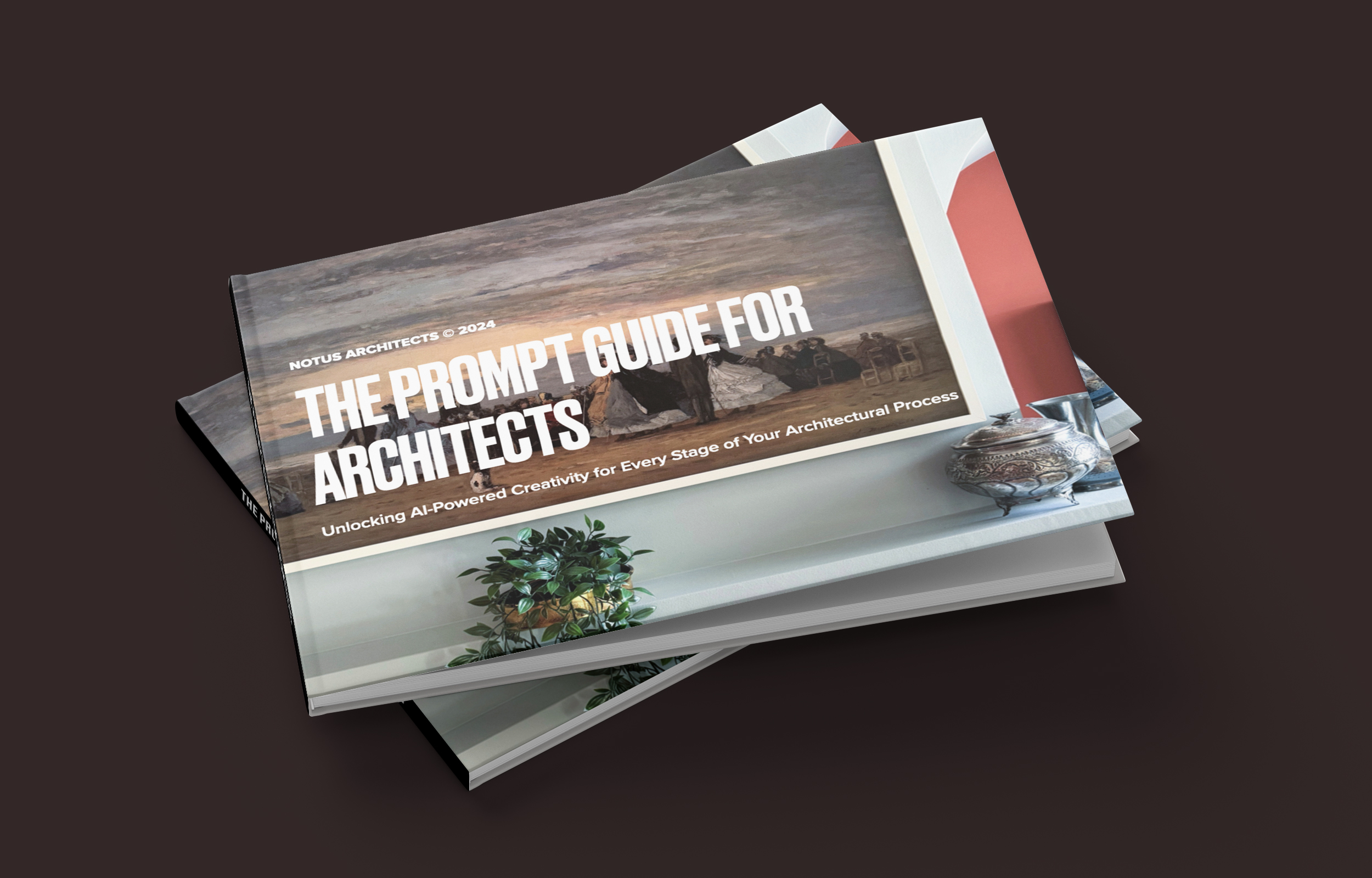 A stack of professionally designed booklets titled “The Prompt Guide for Architects”, featuring the subtitle “Unlocking AI-Powered Creativity for Every Stage of Your Architectural Process”. The cover showcases a serene architectural artwork in muted tones, accompanied by a modern interior detail with a potted plant and decorative items in the foreground. The booklets convey a sleek and sophisticated aesthetic, aligning with the cutting-edge theme of AI integration in architecture.