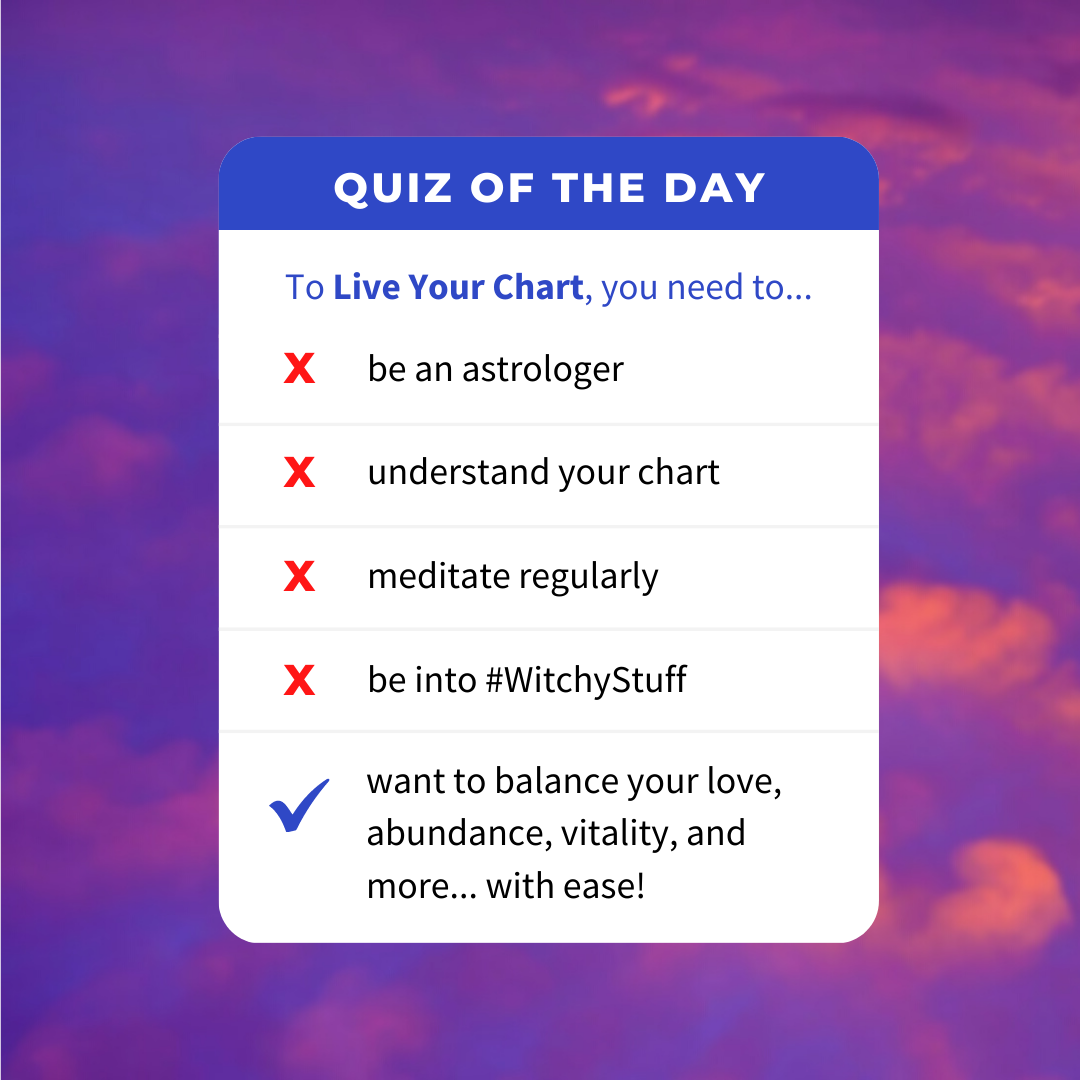 checklist of requirements to Live Your Chart (the only one checked off is to want to invite balance into your life)