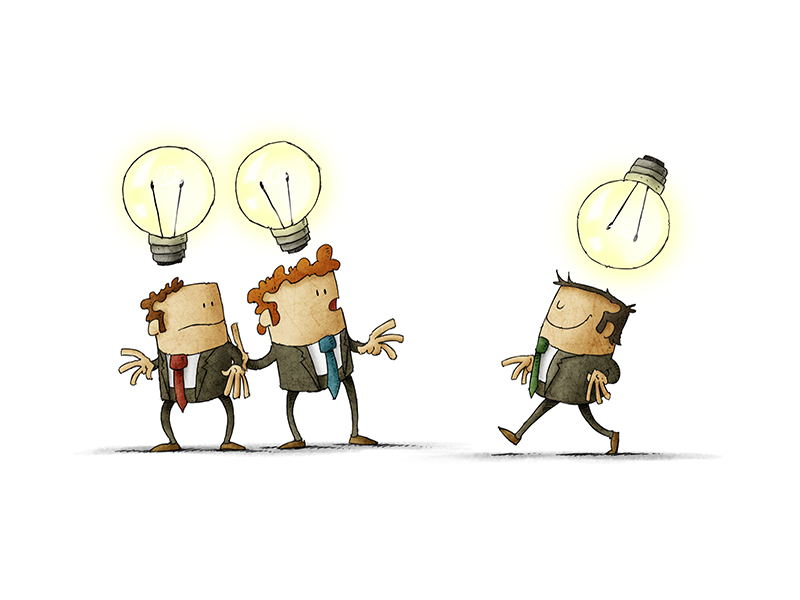 cartoon people with light bulbs over heads - one man has an inverted bulb as he is thinking differently