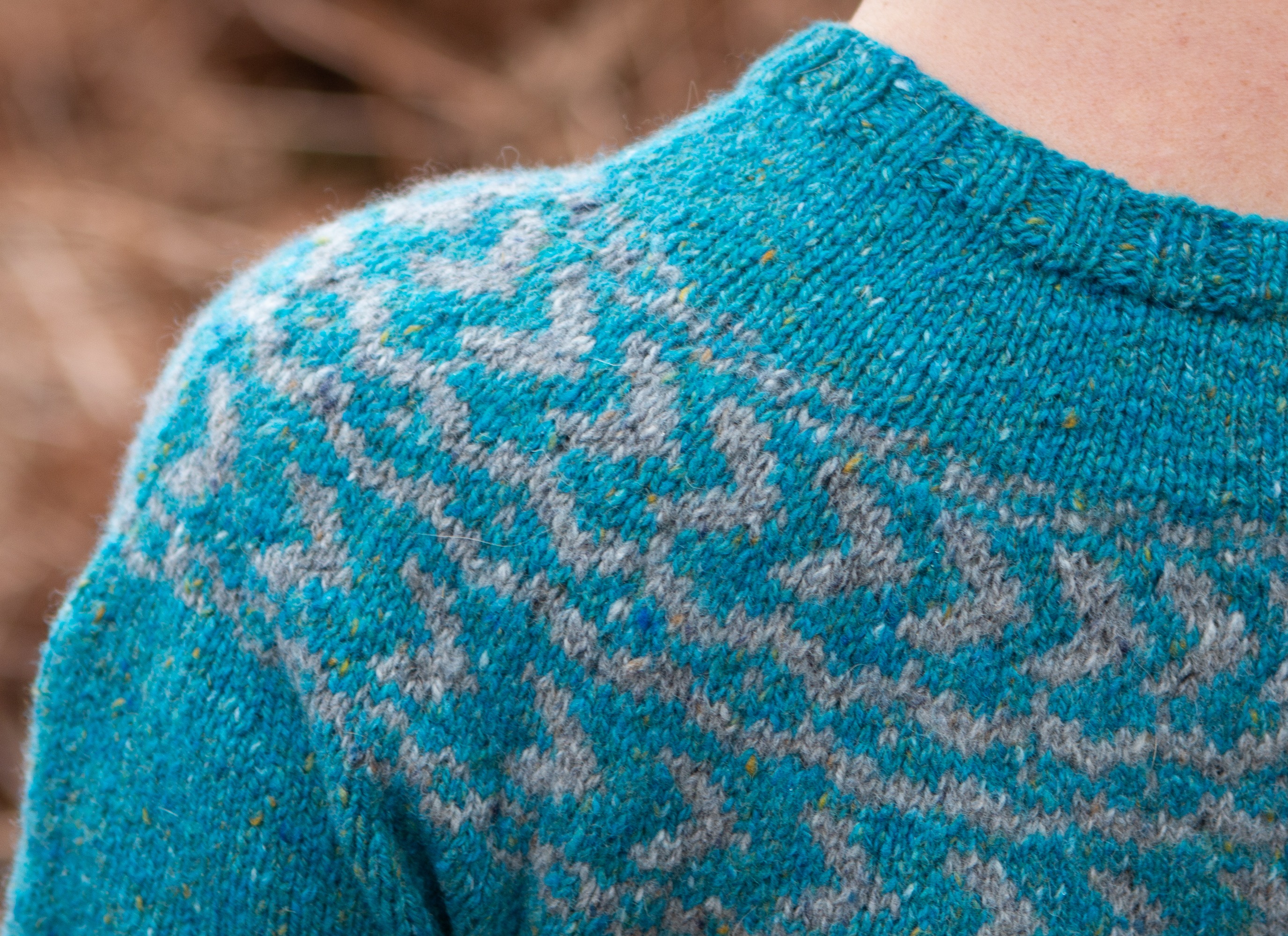 Close up shot of the colourwork detail on the Daingean Sweater yoke. 