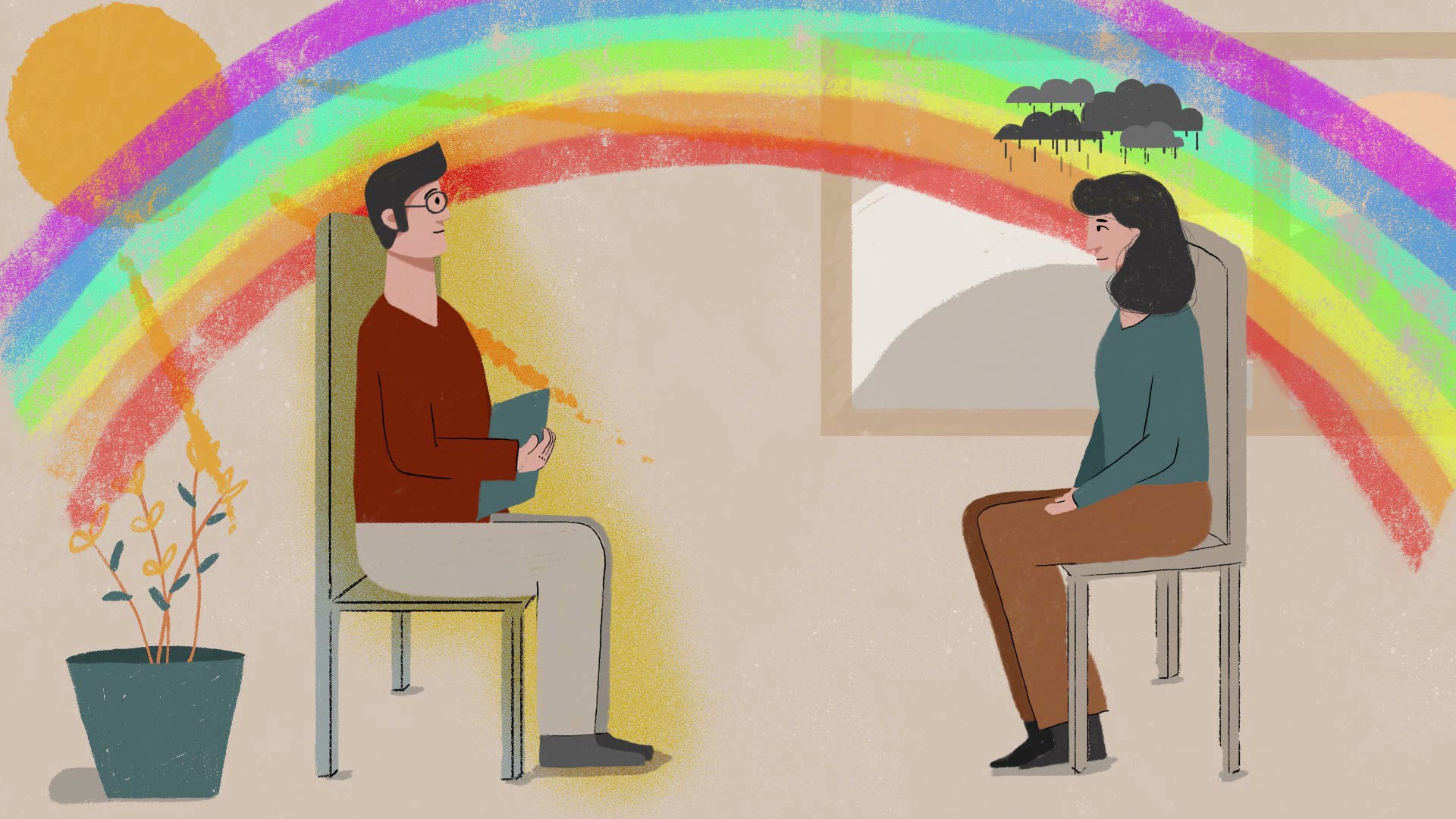 Therapist and client sitting together beneath rainbow representing compassion