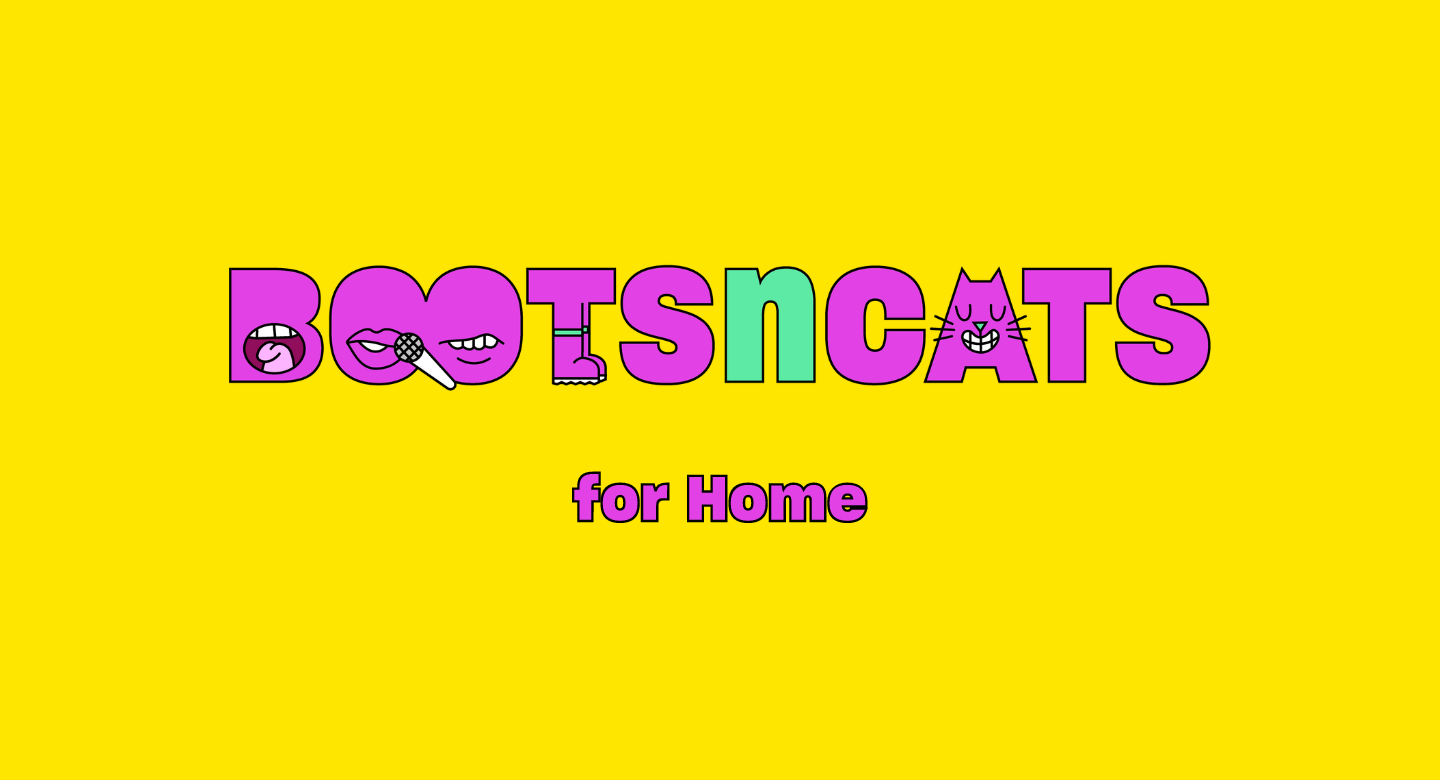 BOOTS n CATS for Home fuchsia pink logo with yellow background