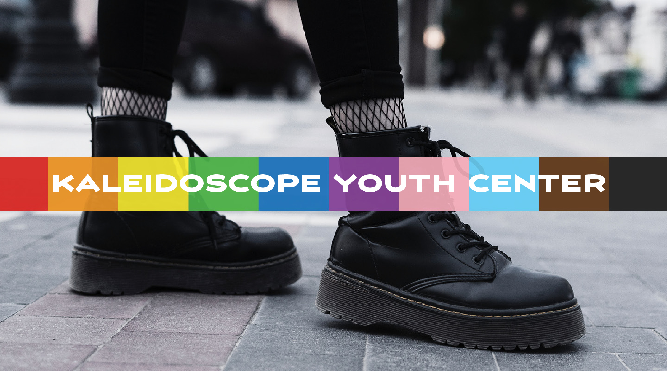 Close up image of boots someone is wearing while standing on a brick sidewalk. Text on image: Kaleidoscope Youth Center