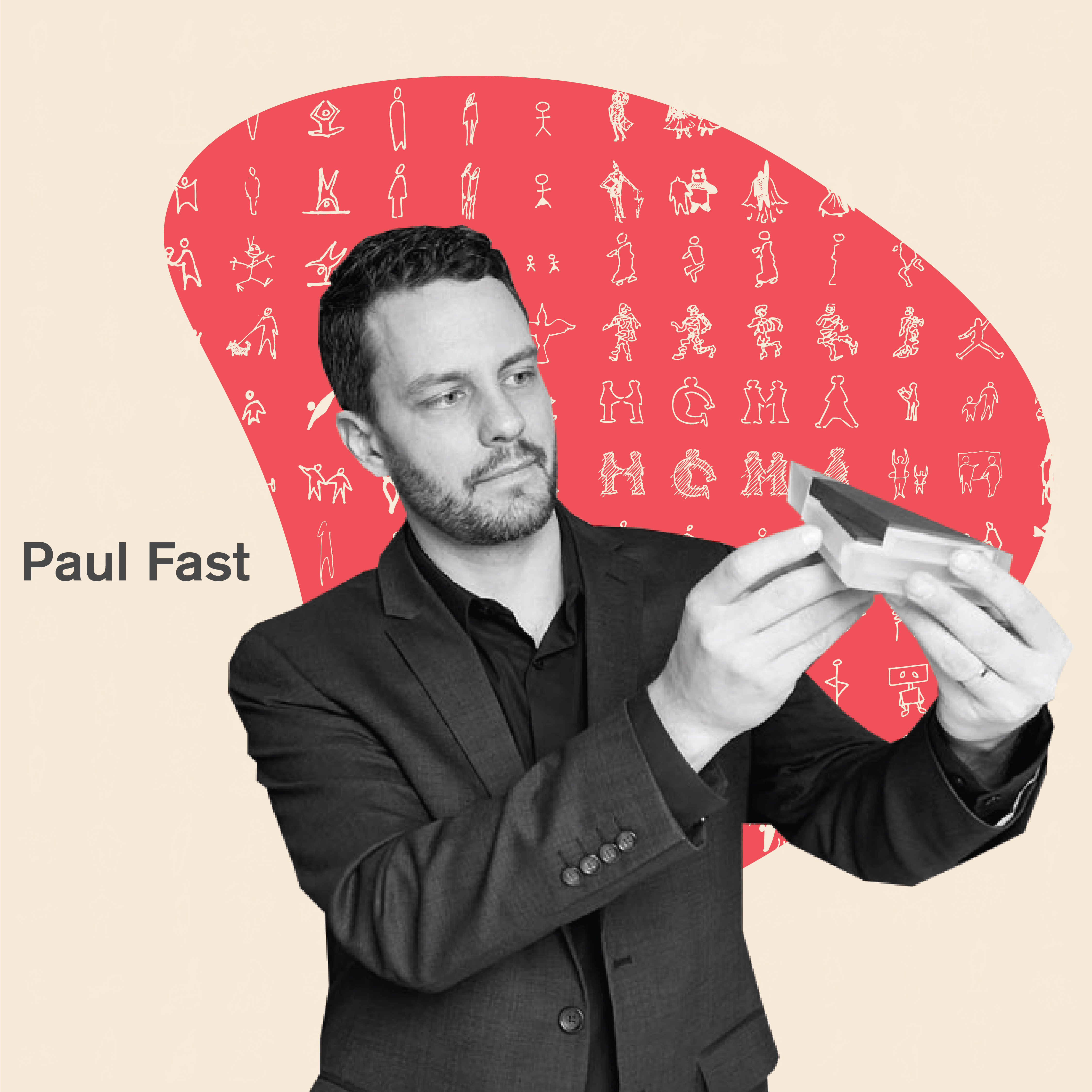 Black and white headshot of Paul Fast looking at an architectural model held in his hands. 