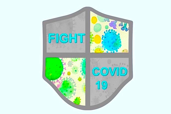 Mask shaped shield with the words &#39;Fight Covid 19&#39; on it