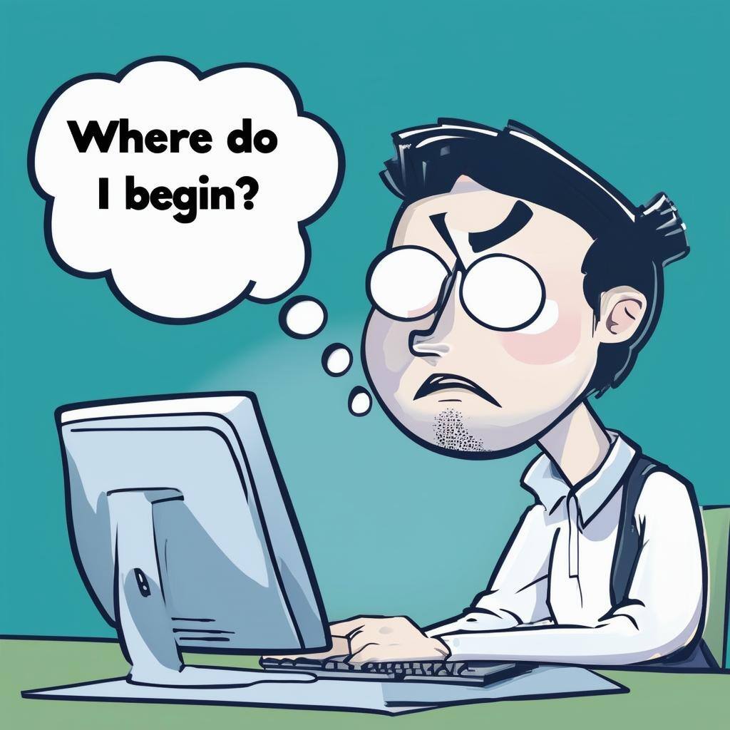 A confused person sitting at a computer with a thought bubble showing Where do I begin?