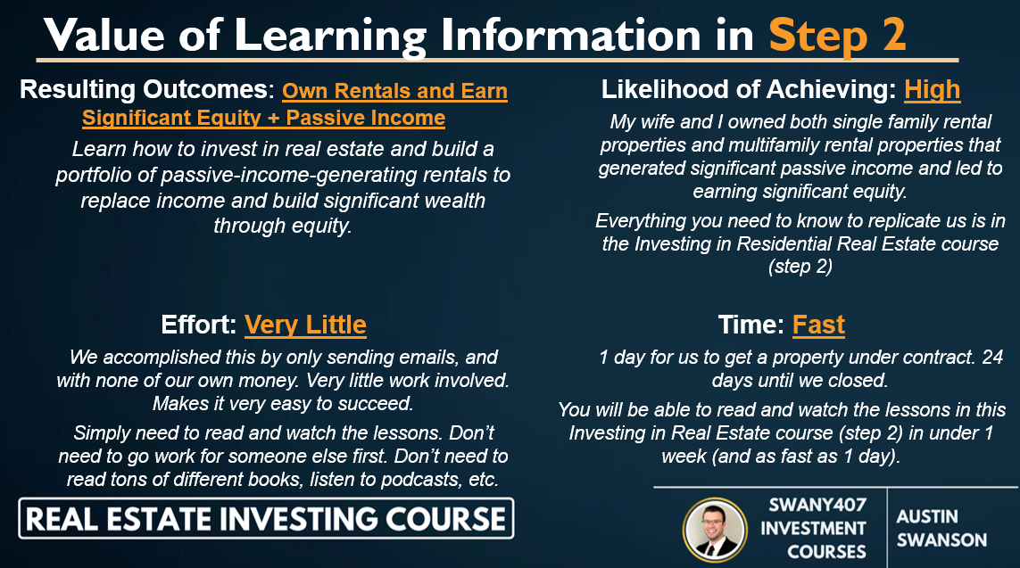 Real Estate Investing, How to Invest, Swany407 Investment Courses, Benefits of Investing in Real Estate, Investing in Commercial Real Estate, Investing in Residential Real Estate,  Financial Benefits of Owning Residential Real Estate, Leverage, Price Appreciation, Mortgage Paydown, Inflation Hedge, Cash flow, passive through property management, tax benefits, interest payments tax deductible, depreciation, 1031 exchanges, - Leverage: Banks will loan 75-80% (all the way to 96.5-100%) of the purchase price, at currently low interest rates for very long periods of time (ex: 30 years). Makes it more accessible to invest from requiring less money, which also leads to higher returns and the ability to scale faster and easier.  - Price Appreciation: Over time, the value of real estate can appreciate from increase in demand, decrease in supply, general inflation, forced appreciation from rehabs or increasing net operating income with commercial real estate, etc.  - Mortgage Paydown: Rental income is used to pay down the mortgage, leading to the owner having increasing levels of equity / ownership of the property. Once the mortgage is paid off, the value of property is owned in full by the owner.  - Inflation Hedge: Have the ability to increase rent over time, offsetting any increases in other expenses, leading to maintaining or increasing the purchasing power of the cash flow.  - Cash Flow (Passive): Cash flow is the rental income left over after paying debt, insurance, taxes, repairs, capital expenditures, vacancy, etc. This remaining amount can be used to scale further and increase future cash flow more, or it can be used as another source of income. Cash flow can be more passive, such as with property management.  - Tax Benefits: Interest payments on mortgages are tax deductible. Depreciation can be used to offset income generated by the renal properties. Other benefits to defer taxes, like 1031 exchanges. Ability to refinance tax free.