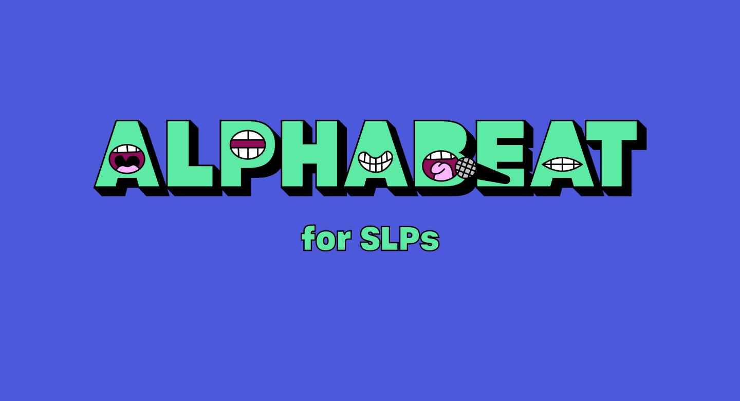 ALPHABEAT for SLPs Green logo with blue-purple background
