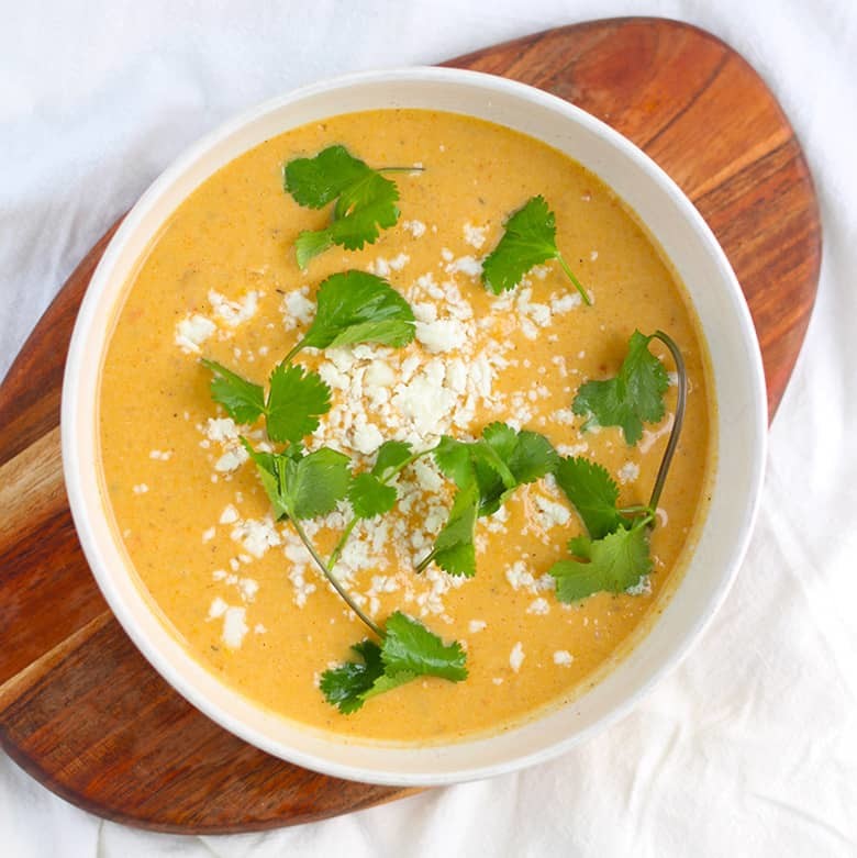 A bowl of roasted vegetable soup.