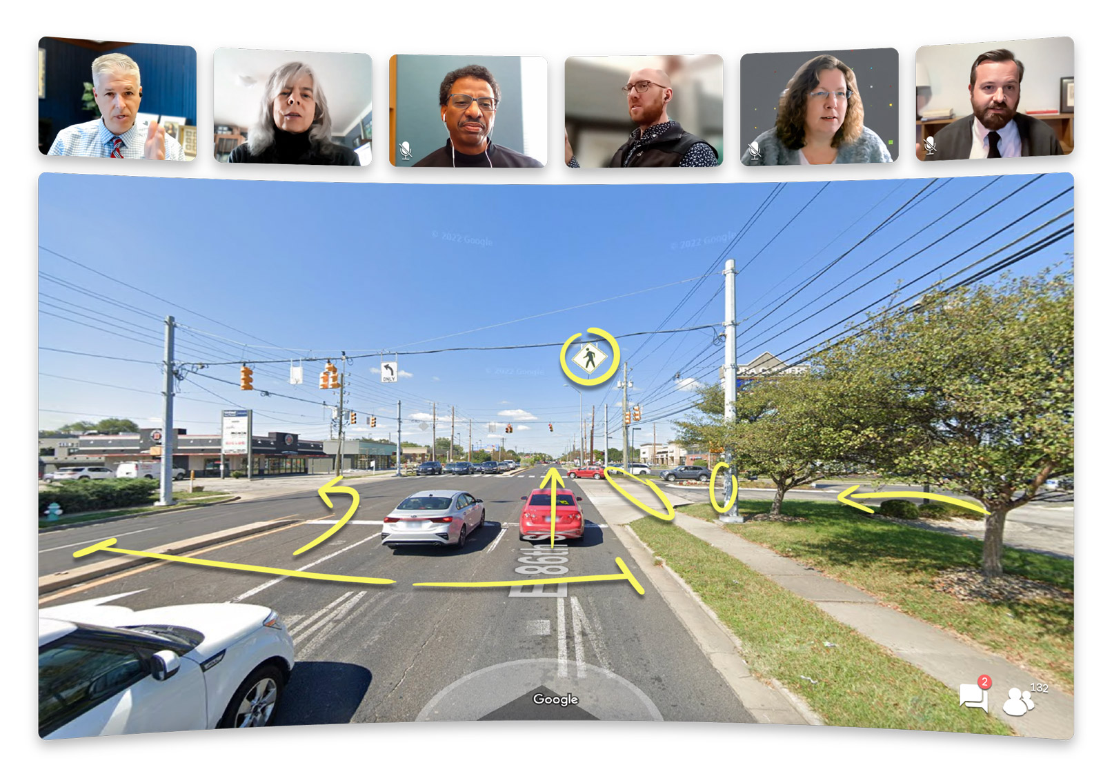 Six street safety experts and analysts on a video call discussing a dangerous intersection.