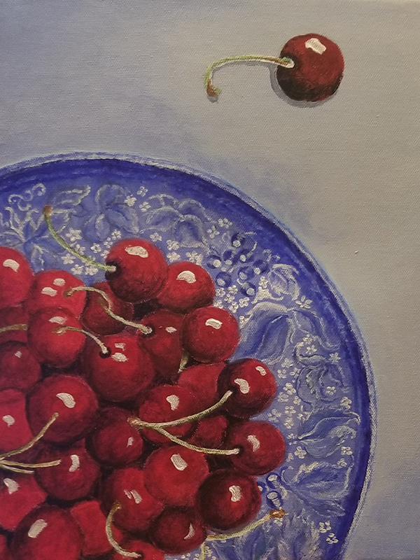 Acrylic painting of a plate of cherries, testimonial from student, Marie Lynch of RL Caldwell Studio