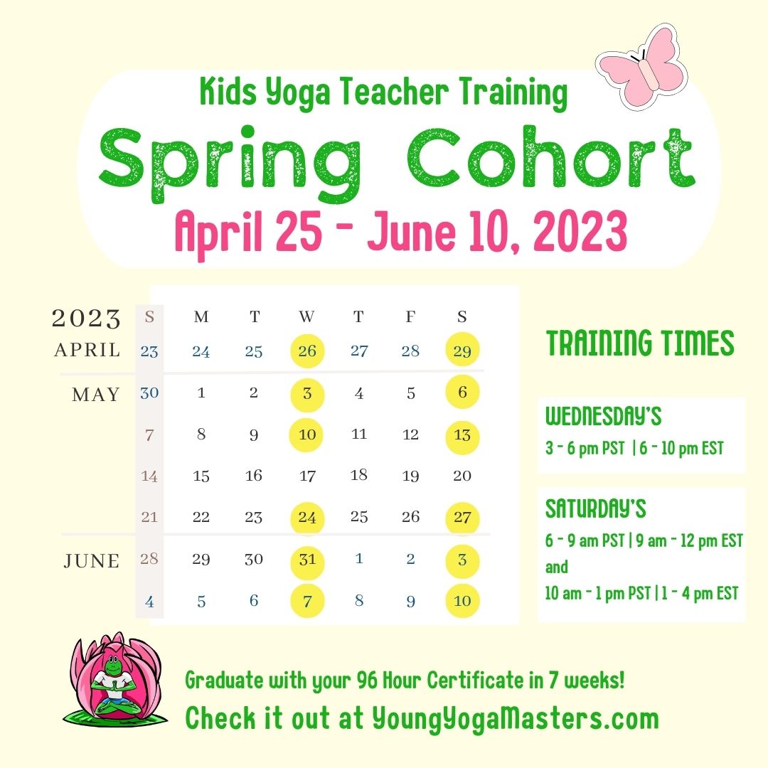 Kids Yoga Teacher Certificateion Spring Cohort, April 25 - June 10, calendar view with the training dates circles