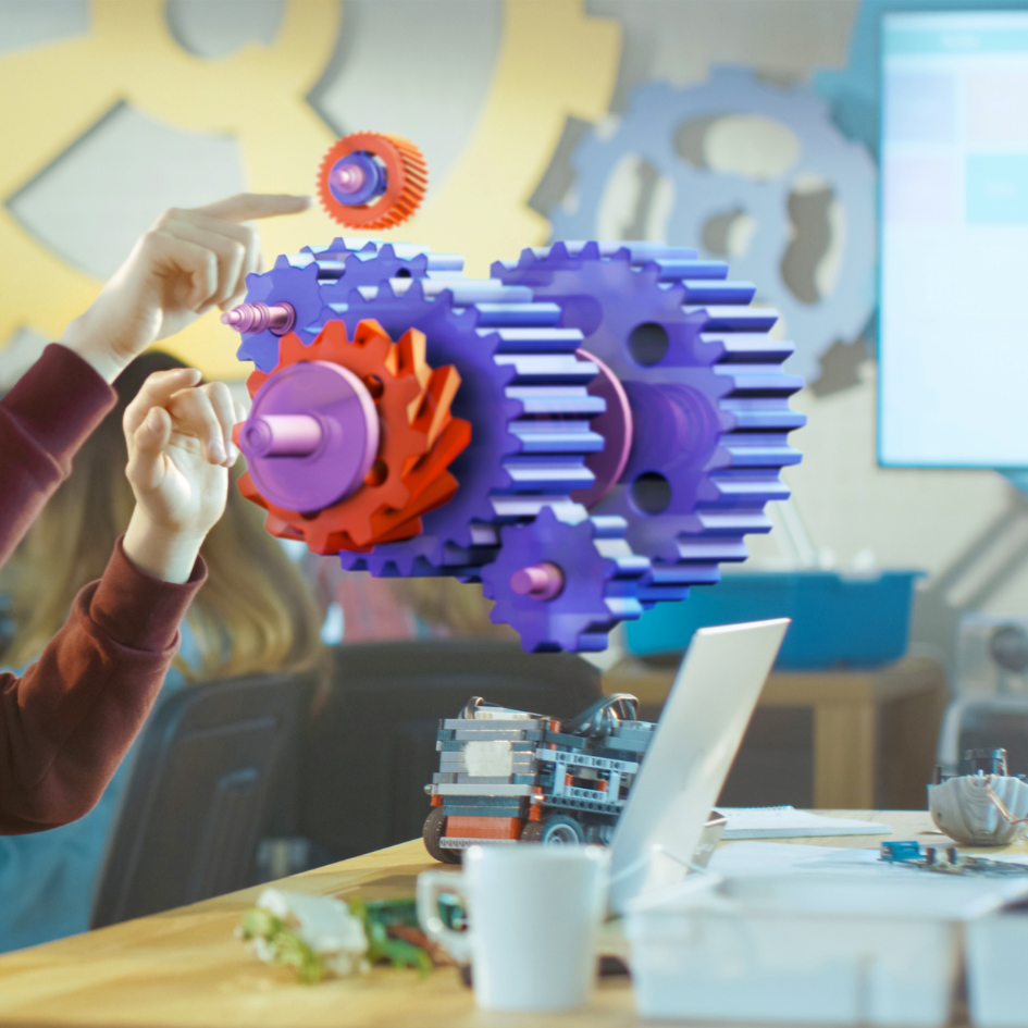 colorful gears in the air in a school setting