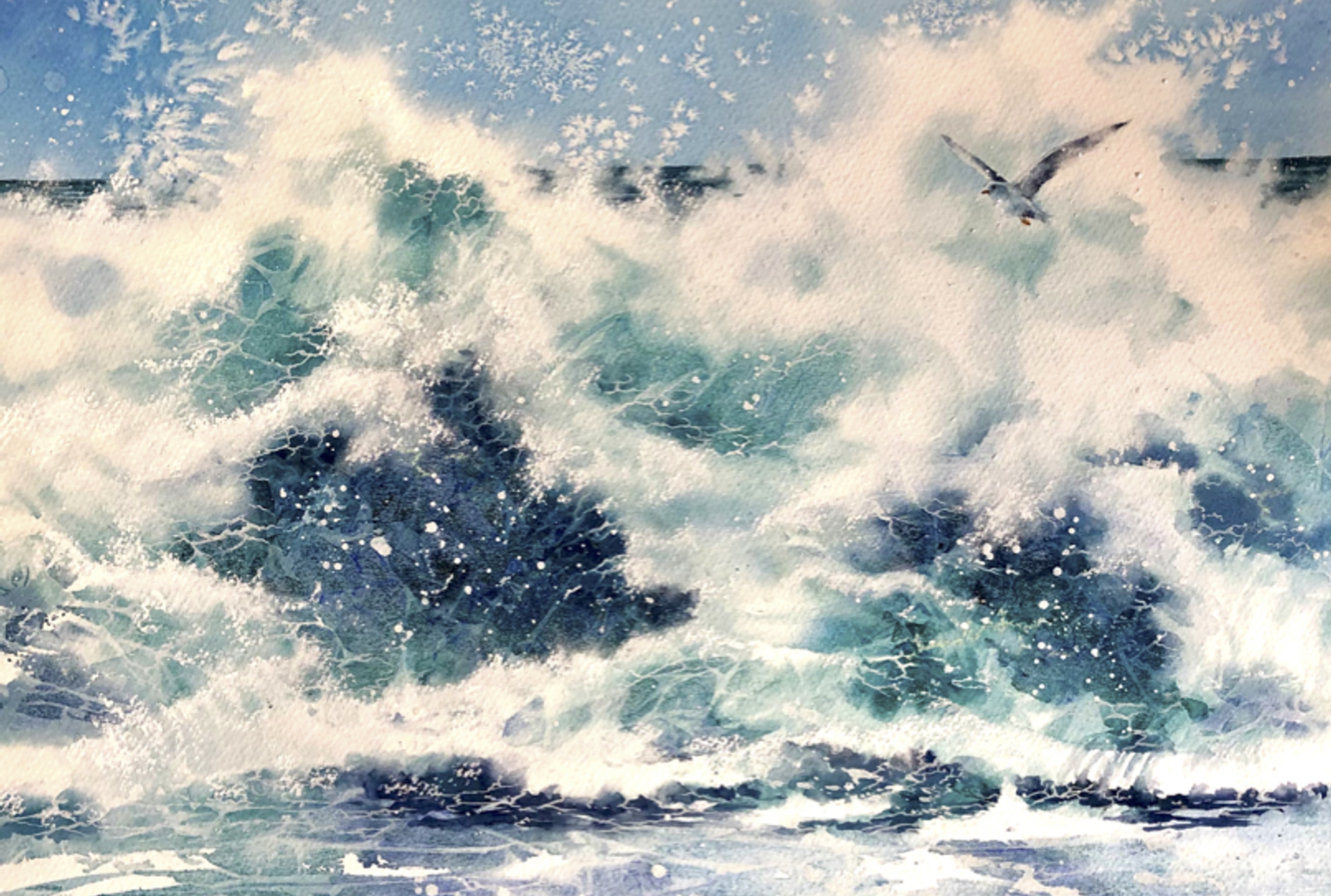 watercolour painting of a wave rolling in to shore.