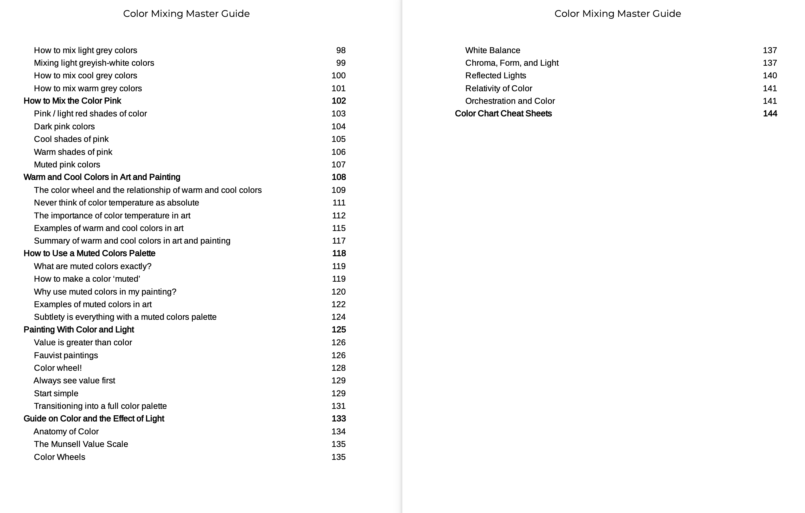 Color mixing master guide ebook table of contents continued