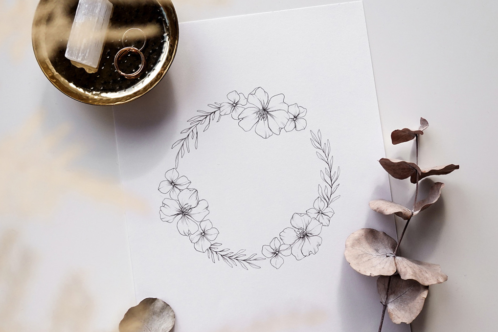 Floral wreath composition drawing course