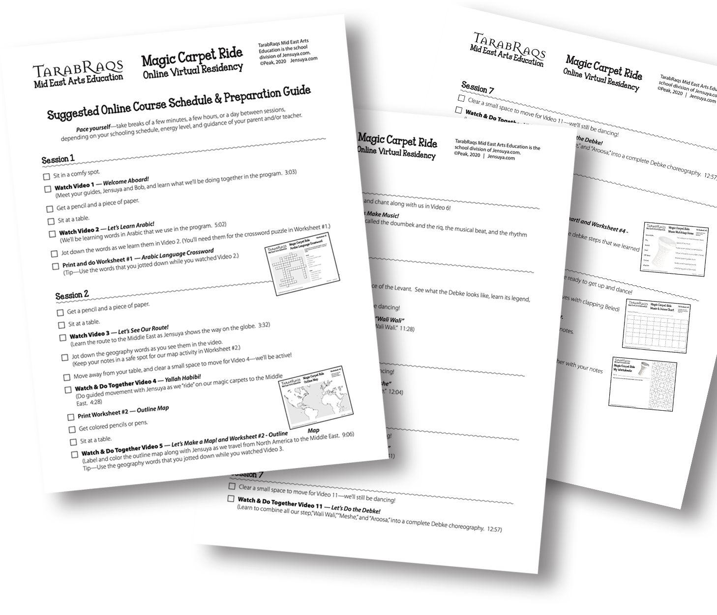 Printout of online course schedule for Magic Carpet Ride Virtual school progam.