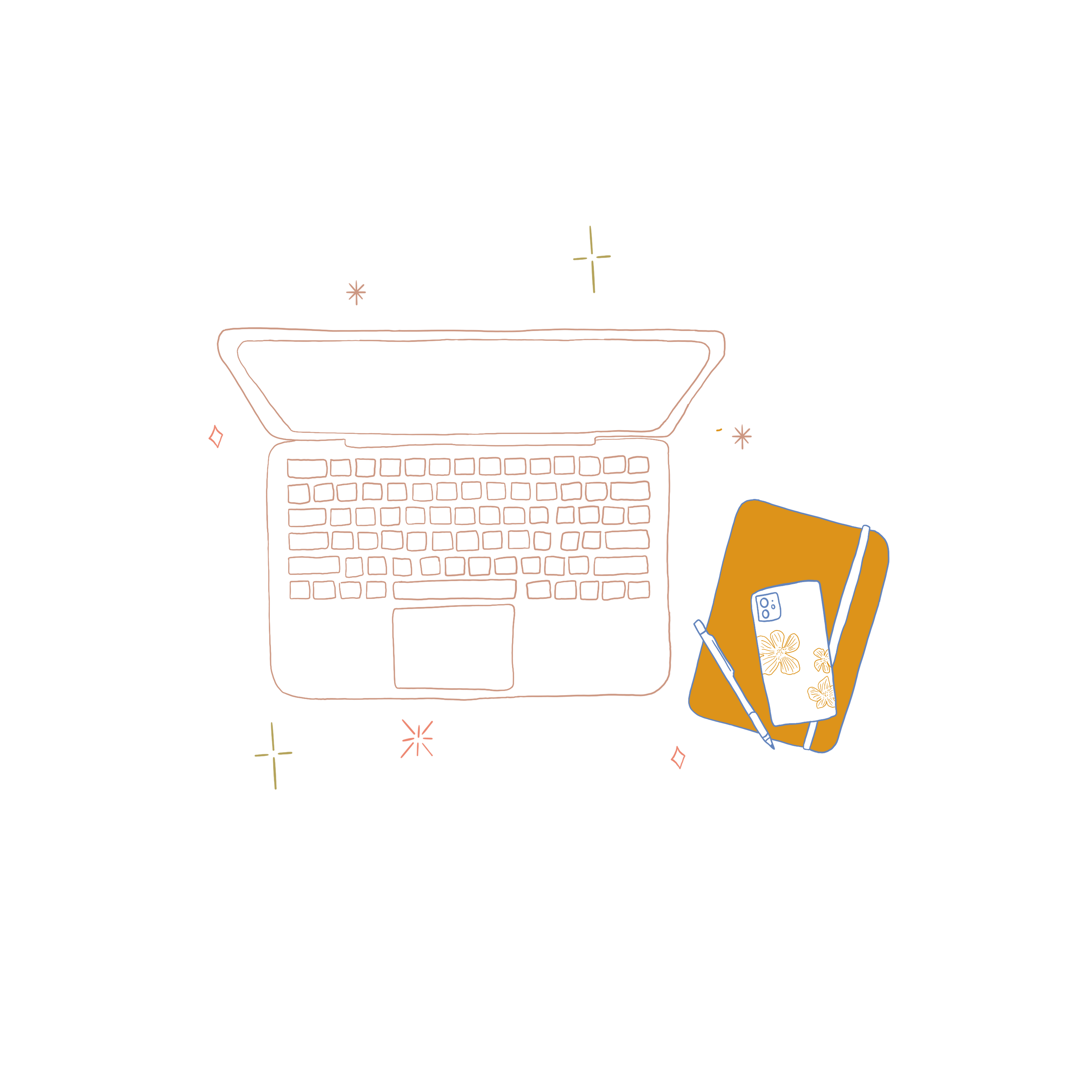 line drawing of a laptop, notebook and, phone