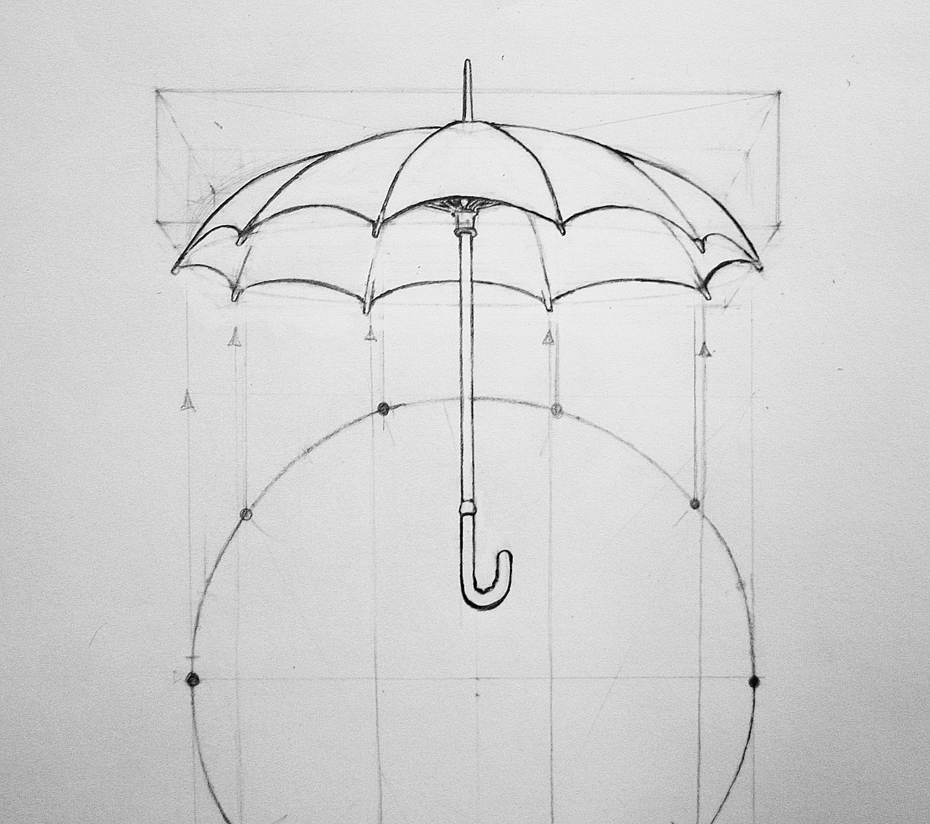 Image of an umbrella drawing using perspective of the circle and projecting it onto the ellipse of the umbrella. Kevin McCain&#39;s drawing class on perspective teaches perspective drawing and how to do it.