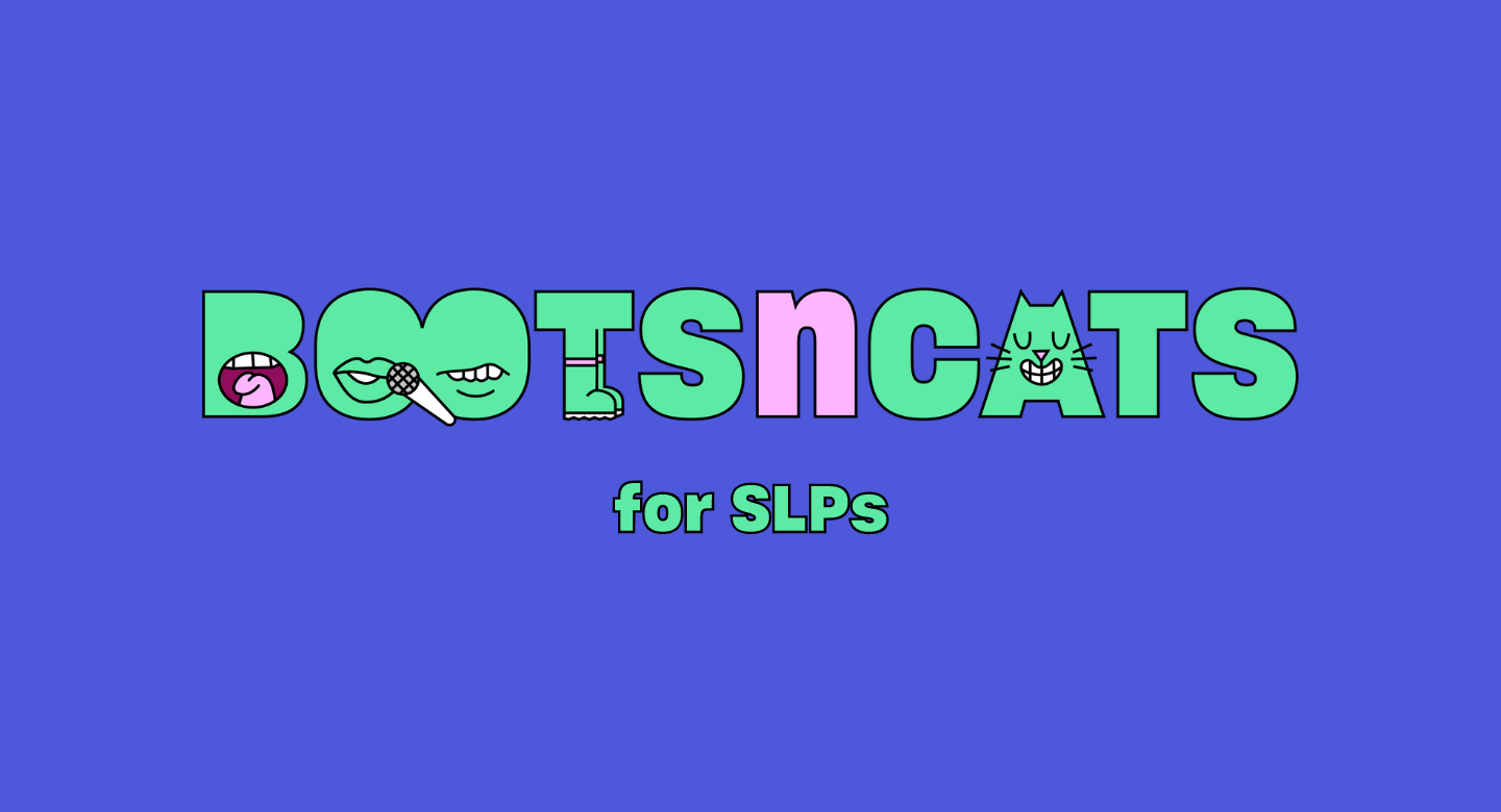 BOOTS n CATS for SLPs Green logo with blue-purple background