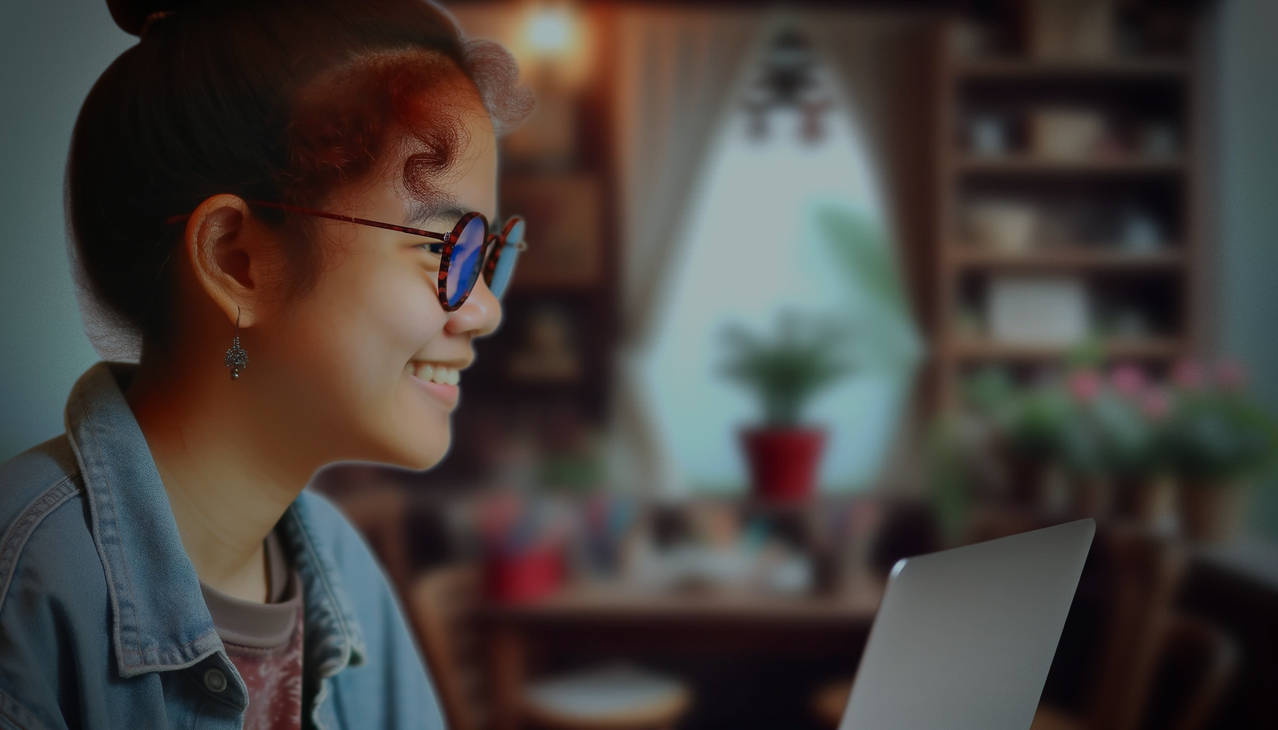 Side profile of woman looking at a laptop