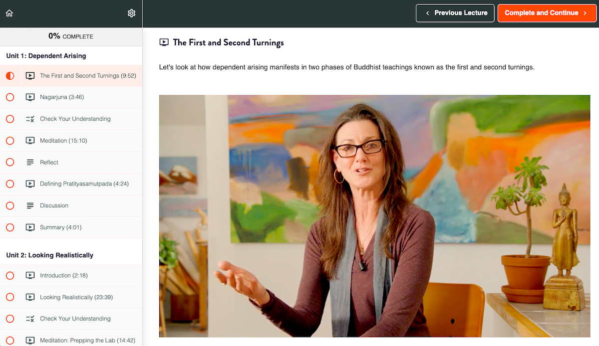 Preview of inside the course showing a teacher's video and the course navigation menu.