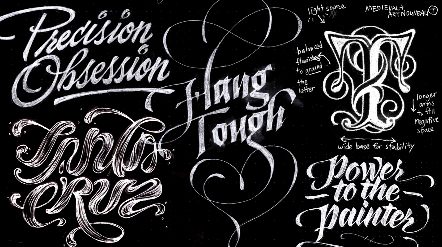Sketches of different kinds of letterforms on dark background