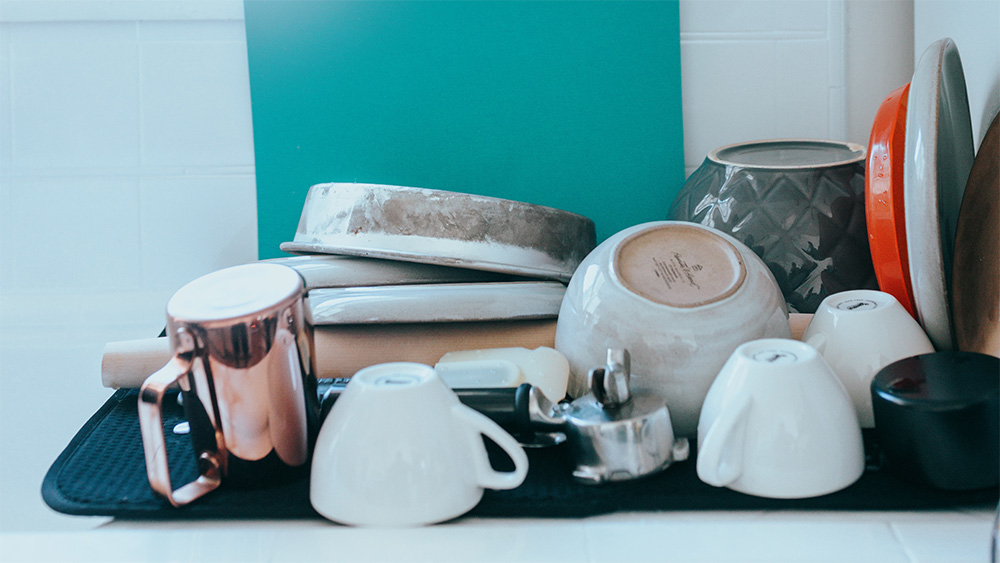 Dishes, washed and stacked