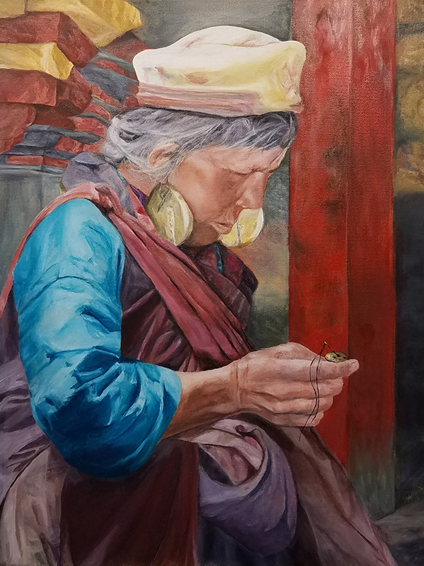 Oil painting of a old woman sewing, testimonial from student, Iris Toombs of RL Caldwell Studio