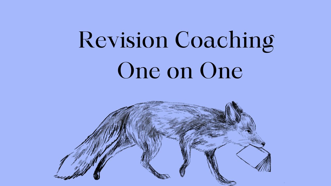 Sketch of a fox with a book in it's mouth and the words: Revision Coaching One on One. blue Background