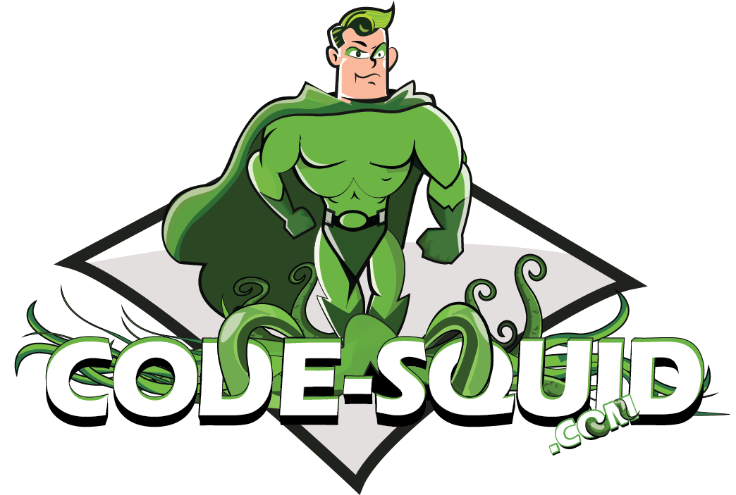Code Squid logo with Hero in Cape