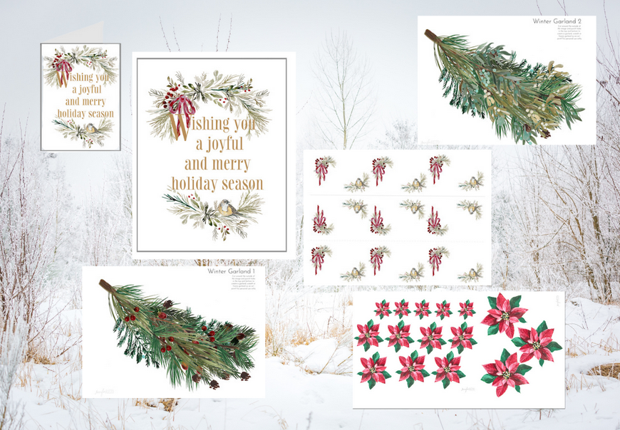 Printables with evergreens and pointsettias to create artwork