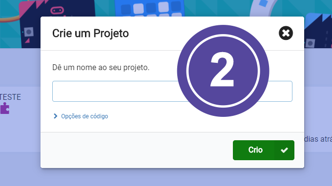 Pop-up de criação de novo projeto