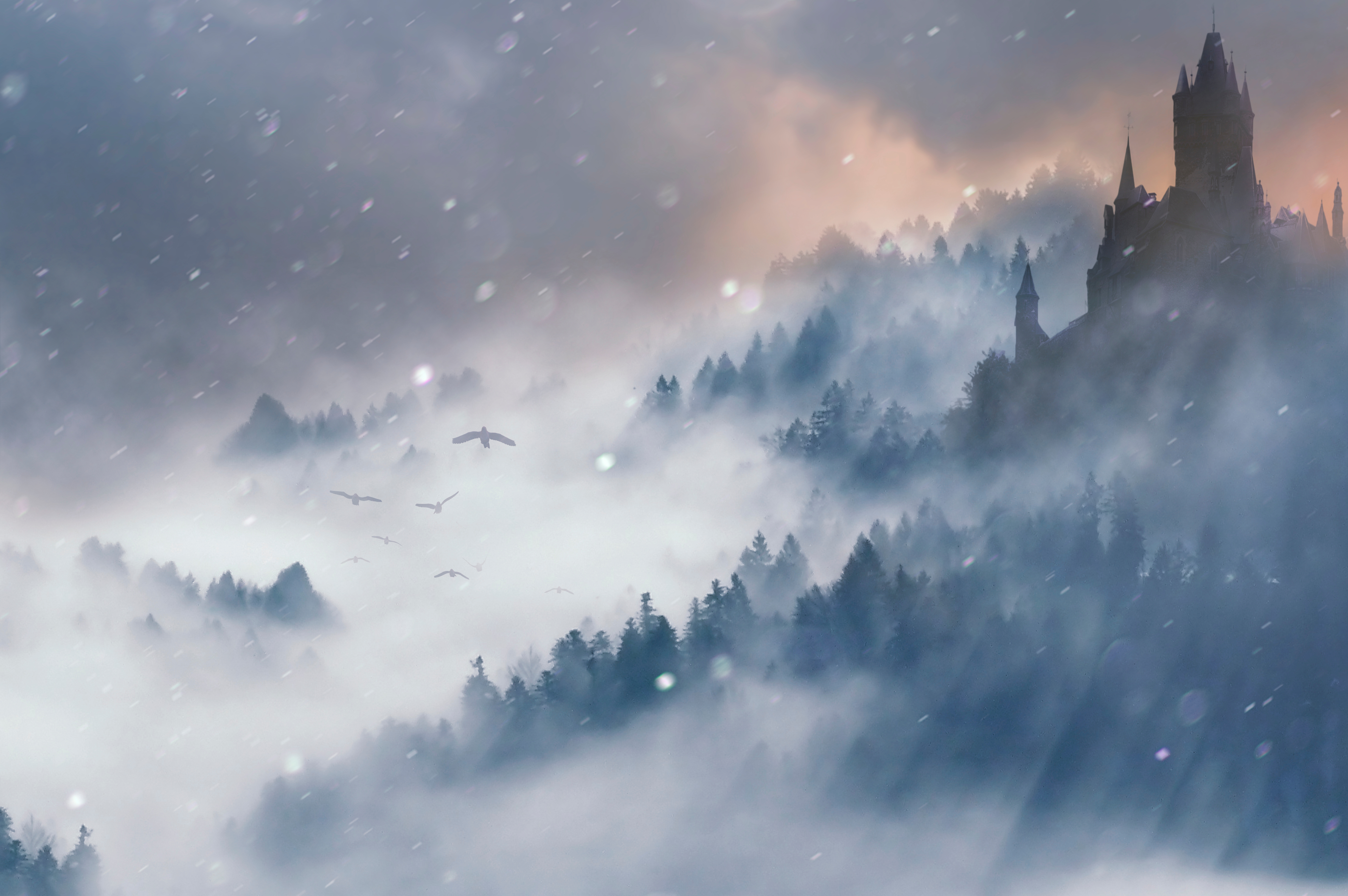 A castle on a mountain with mist and snow falling. Birds are flying in the background.